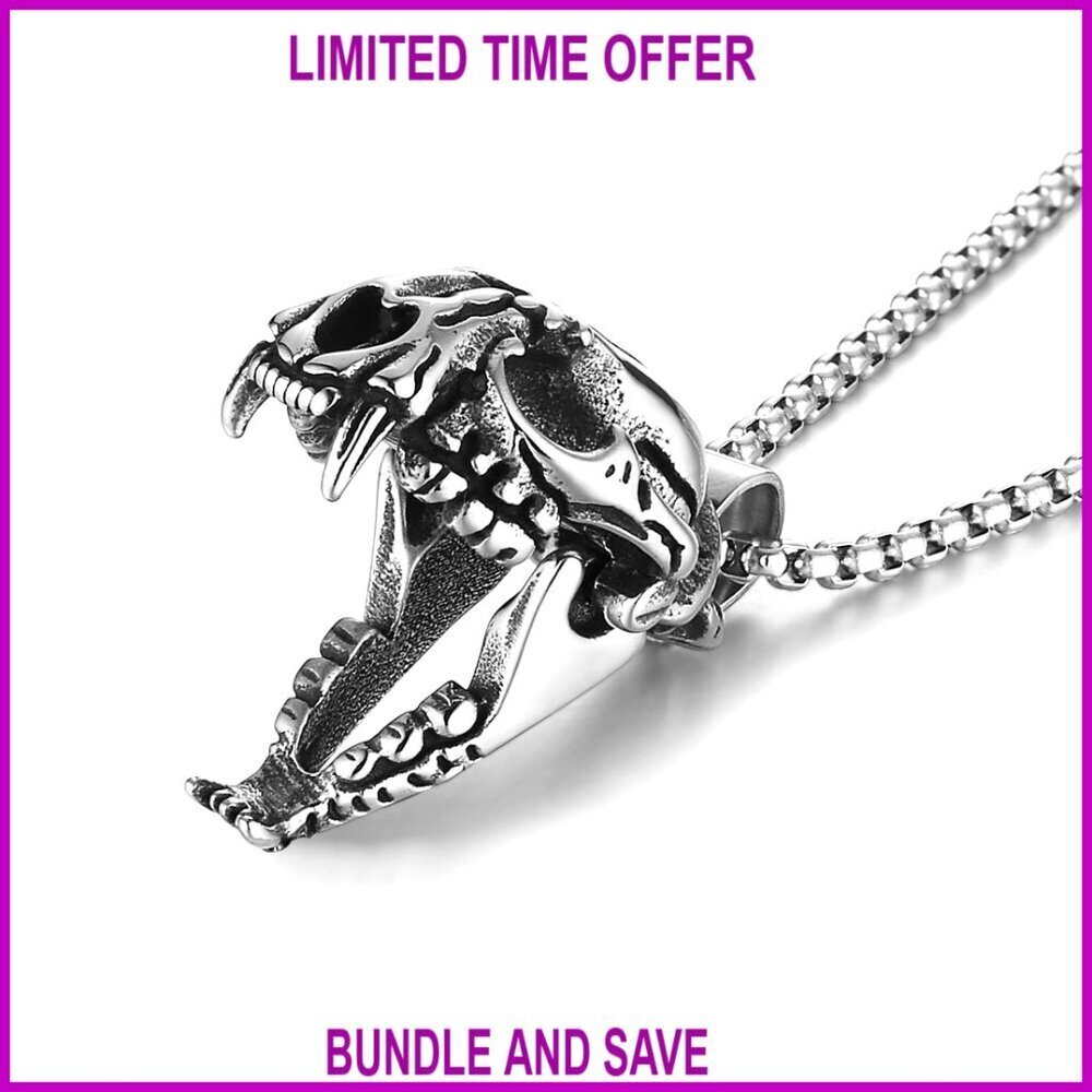 Stainless Steel Sabertooth Tiger Skull Pendant Necklace with Movable Jaw